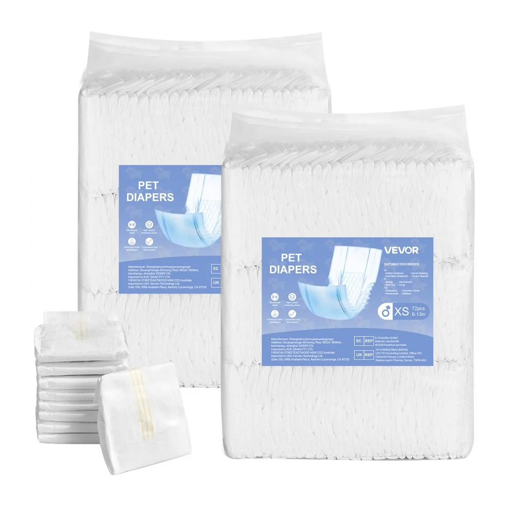 VEVOR Disposable Male Dog Diapers, Super Absorbent Male Dog Wraps, 360 ° Leak-Proof Belly Bands with Wetness Indicator for Doggies in Heat, Training, Incontinence - XS, 144 Count (2 Packs of 72)