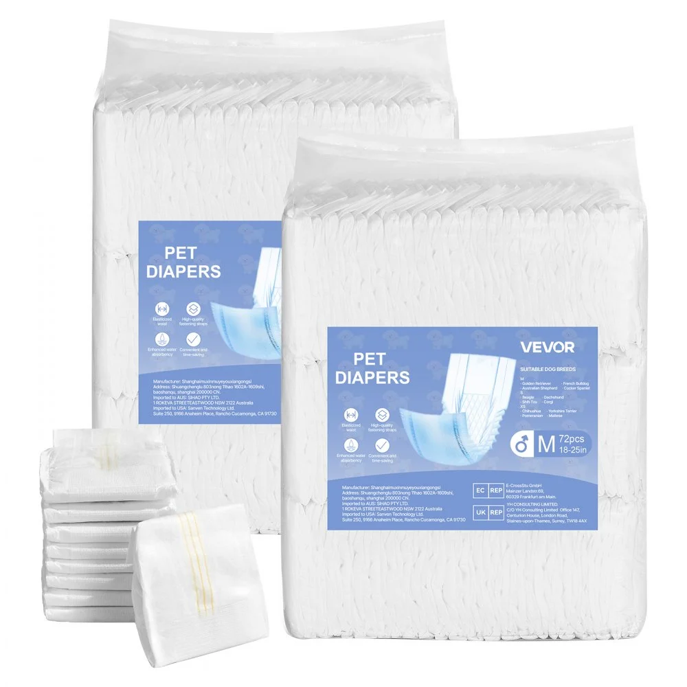VEVOR Disposable Male Dog Diapers, Super Absorbent Male Dog Wraps, 360 ° Leak-Proof Belly Bands with Wetness Indicator for Doggies in Heat, Training, Incontinence - M, 144 Count (2 Packs of 72)