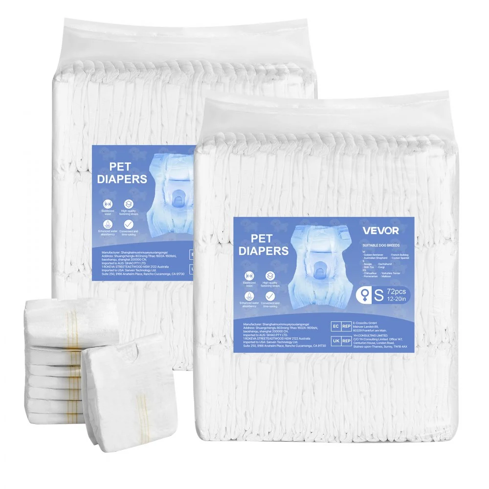 VEVOR Disposable Dog Diapers, Super Absorbent Female Dog Diapers, 360° Leak-Proof Female Doggy Pet Diaper with Wetness Indicator for Heat Period, Training, Incontinence - S, 144 Count (2 Packs of 72)