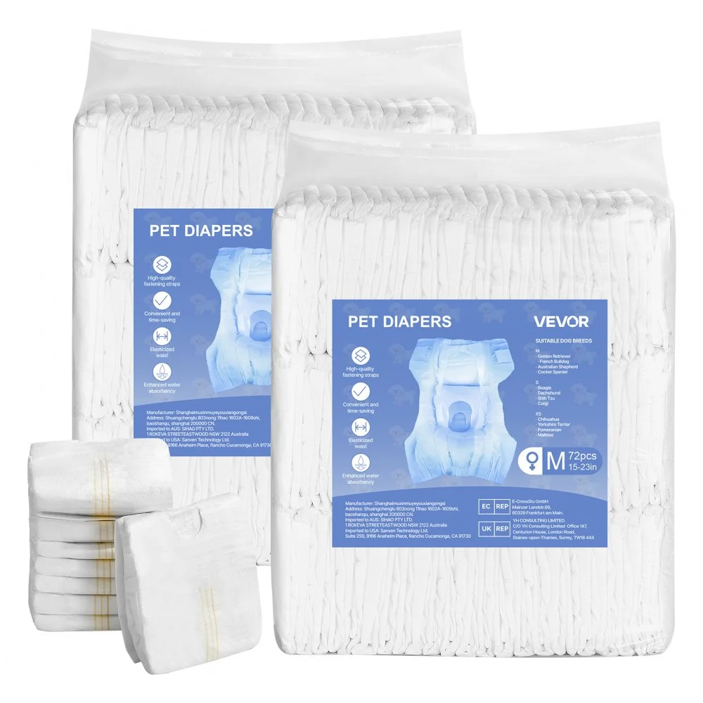 VEVOR Disposable Dog Diapers, Super Absorbent Female Dog Diapers, 360° Leak-Proof Female Doggy Pet Diaper with Wetness Indicator for Heat Period, Training, Incontinence - M, 144 Count (2 Packs of 72)