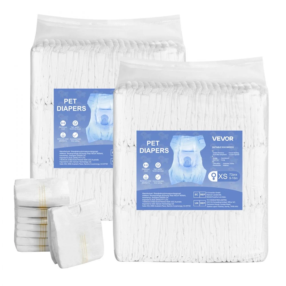 VEVOR Disposable Dog Diapers, Super Absorbent Female Dog Diapers, 360° Leak-Proof Female Doggy Pet Diaper with Wetness Indicator for Heat Period, Training, Incontinence - XS, 144 Count (2 Packs of 72)