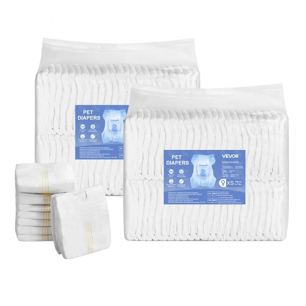 VEVOR Disposable Dog Diapers, Super Absorbent Female Dog Diapers, 360° Leak-Proof Female Doggy Pet Diaper with Wetness Indicator for Heat Period, Training, Incontinence - XS, 96 Count (2 Packs of 48)