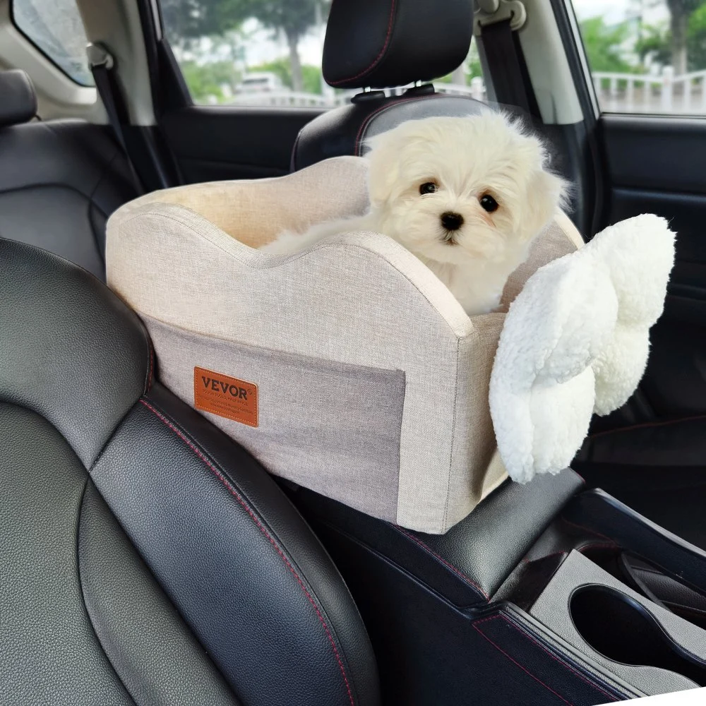 VEVOR Console Dog Car Seat, Center Console Dog Booster Seat for Small Dog, Pet Car Seat for Car Armrest with Clip-On Leash, Adjustable Straps, Supports up to 8lbs, Light Brown