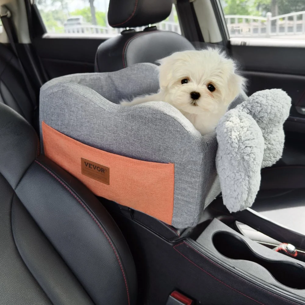 VEVOR Console Dog Car Seat, Center Console Dog Booster Seat for Small Dog, Pet Car Seat for Car Armrest with Clip-On Leash, Adjustable Straps, Supports up to 8lbs, Dark Gray
