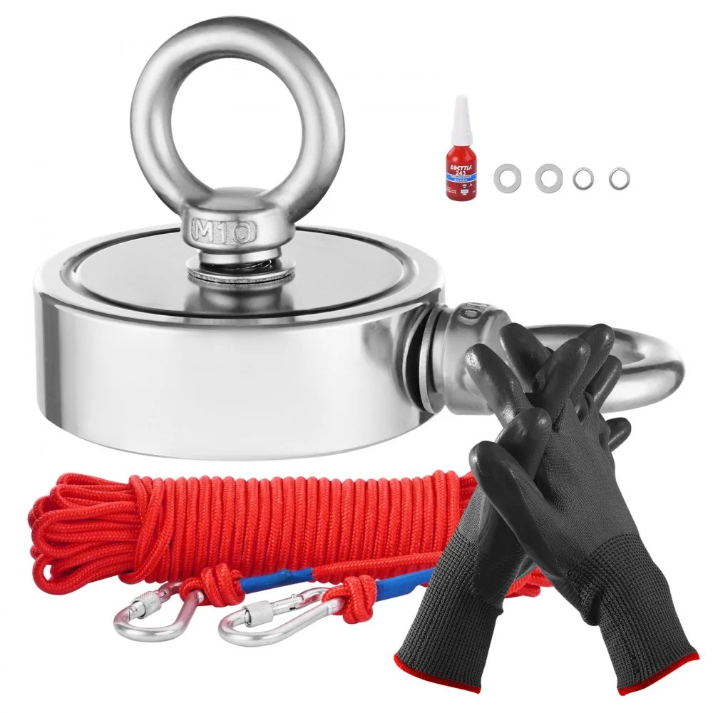 VEVOR Magnet Fishing Kit, 1000 LBS/454 Kg Double-Sided Pulling Force Strong Magnet Fishing Kit, Rare Earth Neodymium Magnetic Fishing Kit Includes Grappling Hook, Heavy Duty Rope, Gloves and Eyebolt