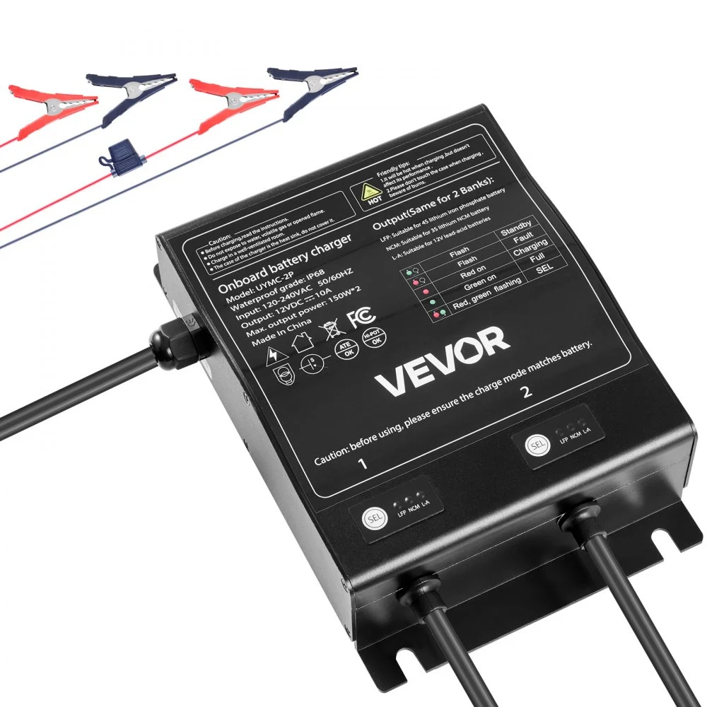 VEVOR Marine Battery Charger, 2-Bank, 10A 12V Onboard Boat Charger, IP68 Waterproof Smart On-Board Battery Charger, for Lithium-Ion (LiFePO4), NCM, Lead-Acid Batteries, Large Boat, Yacht, RV, Trailer