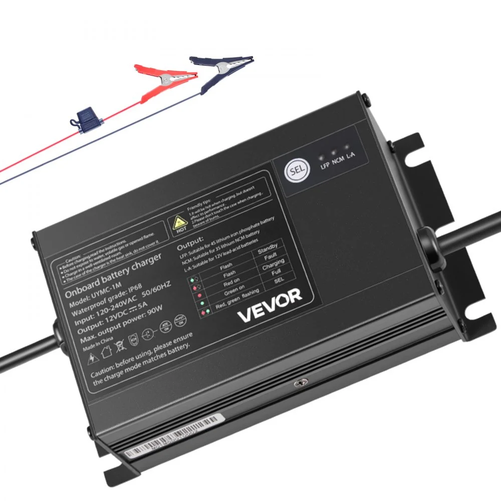 VEVOR Marine Battery Charger, 1-Bank, 5A 12V Onboard Boat Charger, IP68 Waterproof Smart On-Board Battery Charger, for Lithium-Ion (LiFePO4), NCM, Lead-Acid Batteries, Large Boat, Yacht, RV, Trailer