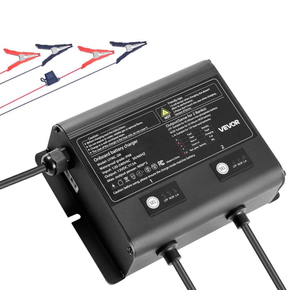 VEVOR Marine Battery Charger, 2-Bank, 5A 12V Onboard Boat Charger, IP68 Waterproof Smart On-Board Battery Charger, for Lithium-Ion (LiFePO4), NCM, Lead-Acid Batteries, Large Boat, Yacht, RV, Trailer