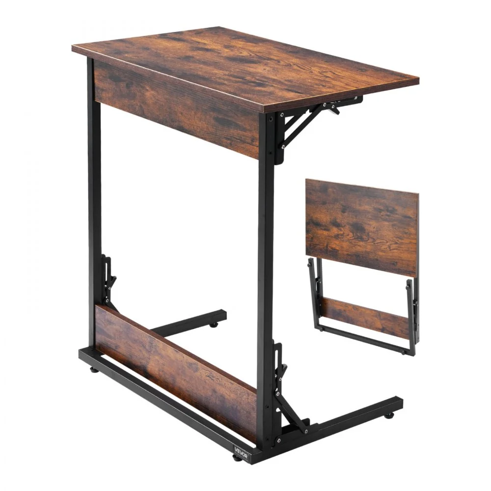 VEVOR C Table, Folding C Shaped End Table with Metal Frame & Adjustable Feet, Foldable C Shaped Side Table for Living Room Bedroom Office, 23.62 x 14.57 x 27.56 inch C Shaped TV Tray, Brown and Black