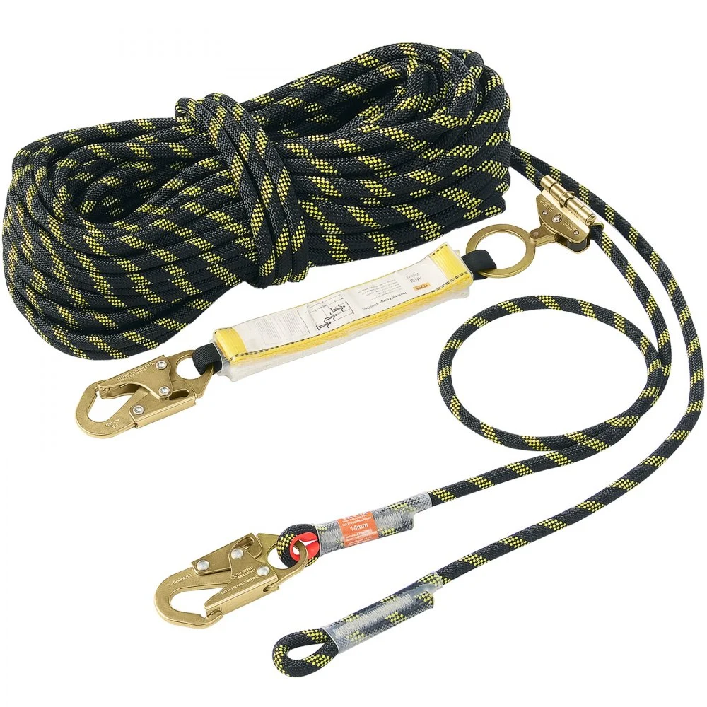 VEVOR Vertical Lifeline, 150ft (45.7m) Outdoor Climbing Rope 30KN Breaking Tension, Static Rock Climbing Rope with Steel Snap Hooks and Rope Grap, for Escape, Outdoor Adventures, and Lumbering, Black & Yellow