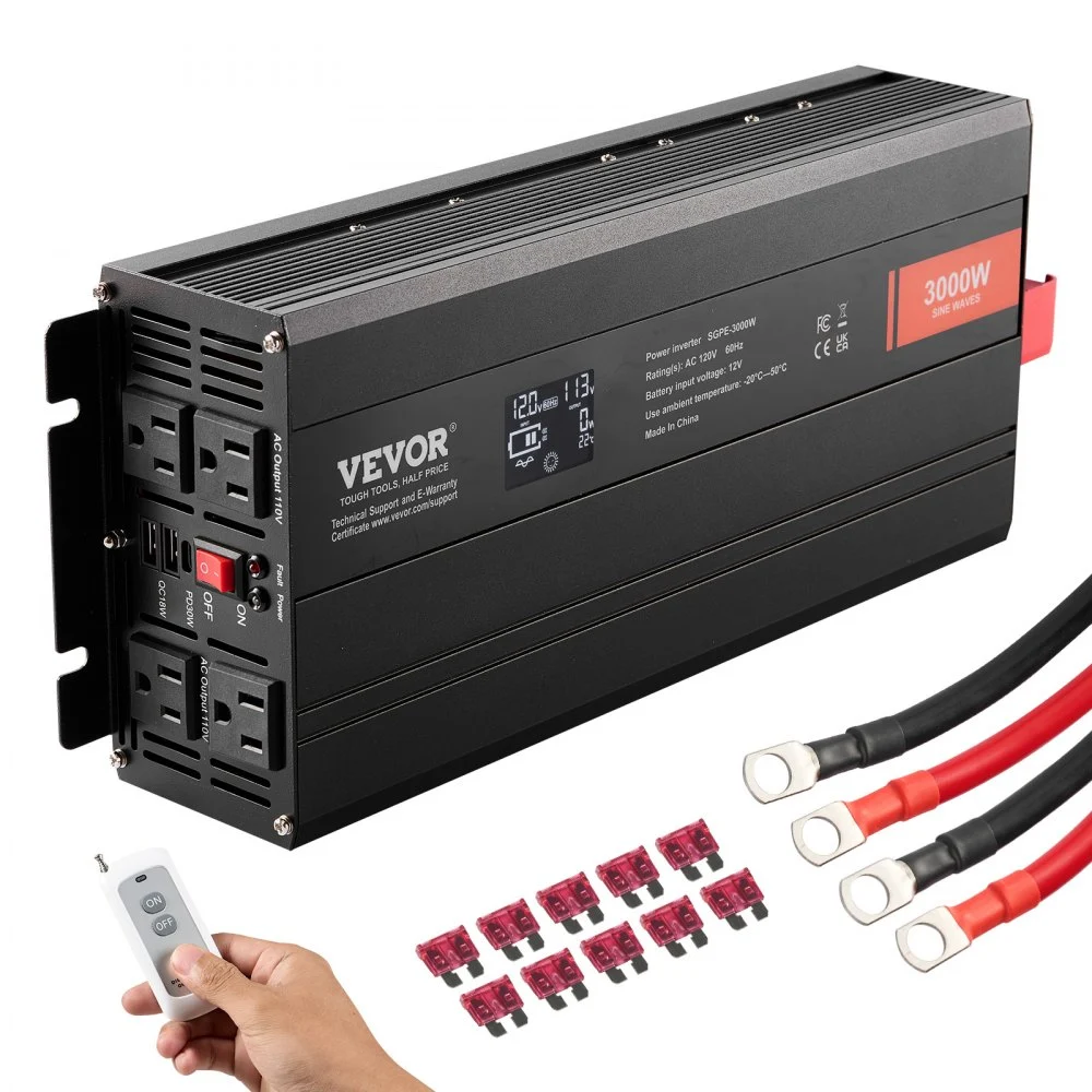Summer Sale
VEVOR Pure Sine Wave Inverter, 3000 Watt, DC 12V to AC 120V Power Inverter with 2 AC Outlets 2 USB Port 1 Type-C Port, LCD Display and Remote Controller for Large Home Appliances, CE FCC Certified