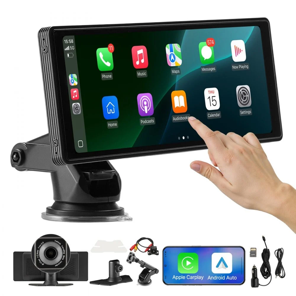 VEVOR Wireless Car Stereo, 10-Inch HD Portable Radio Touch Screen with Apple CarPlay and Android Auto, CarPlay Screen with Front & Backup Cameras, Voice Control, Mirror Link, Bluetooth, GPS Navigation