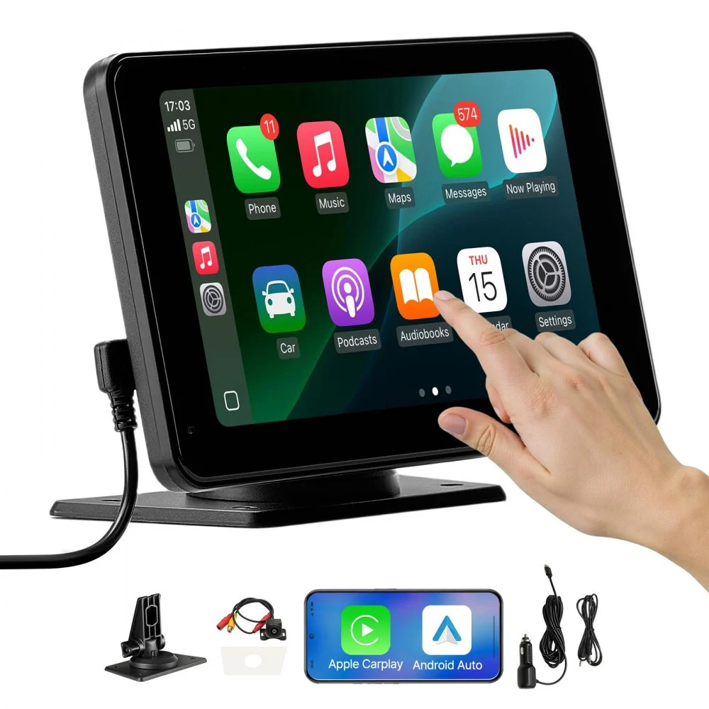 VEVOR Wireless Car Stereo, 7-Inch HD Portable Radio Touch Screen Compatible with Apple CarPlay & Android Auto, CarPlay Screen with Backup Camera, Voice Control, Mirror Link, Bluetooth, GPS Navigation