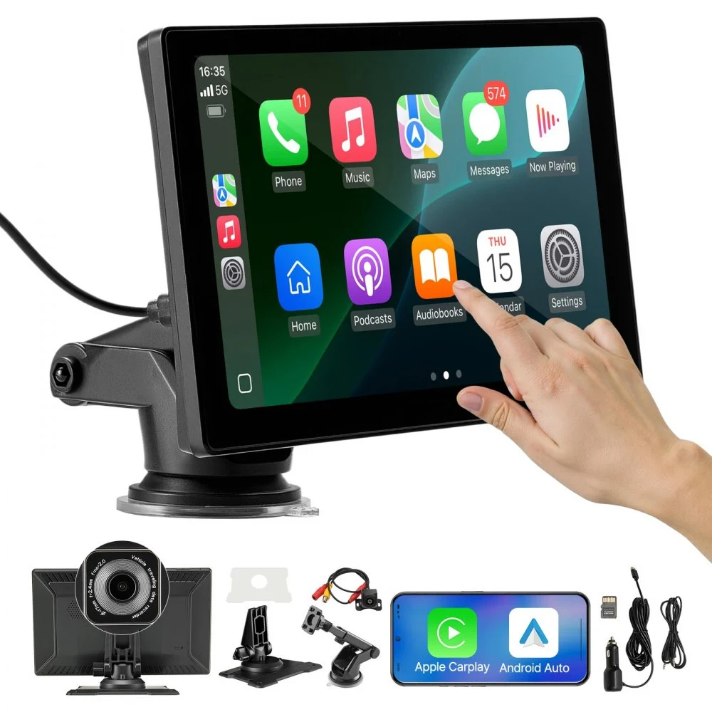 VEVOR Wireless Car Stereo, 9-Inch HD Portable Radio Touch Screen with Apple CarPlay and Android Auto, CarPlay Screen with Front & Backup Cameras, Voice Control, Mirror Link, Bluetooth, GPS Navigation