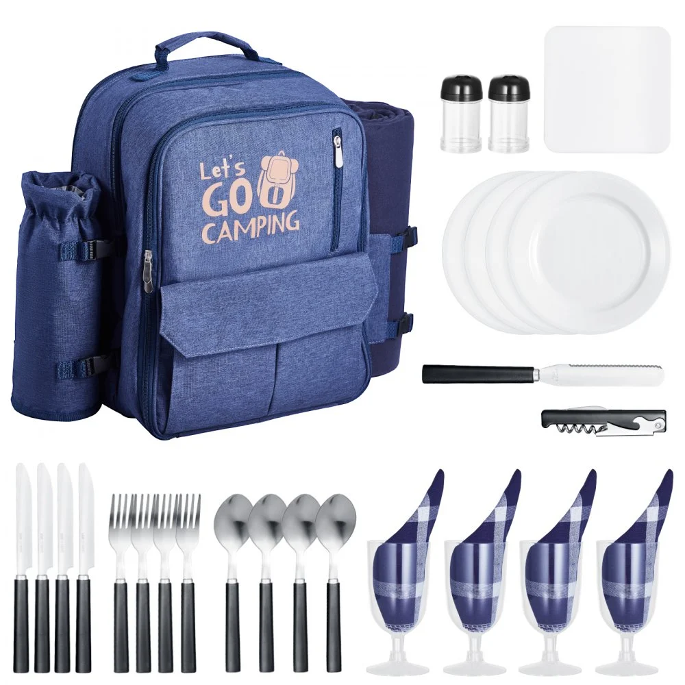 VEVOR Picnic Backpack, Beach Picnic Backpack Bag for 4 Person with Insulated Cooler Compartment, Detachable Bottle/Wine Holder, Lightweight Blanket, Plates and Cutlery Set for Outdoor, Navy Blue