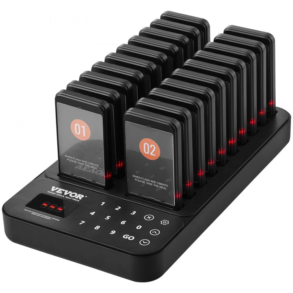VEVOR Restaurant Pager System, Wireless 400m Long Range Lineup Waiting Queue Signal, Guest Customer Calling Beepers with Vibration & Flashing, 20 Buzzers for Food Truck, Church, Nursery, Hospital
