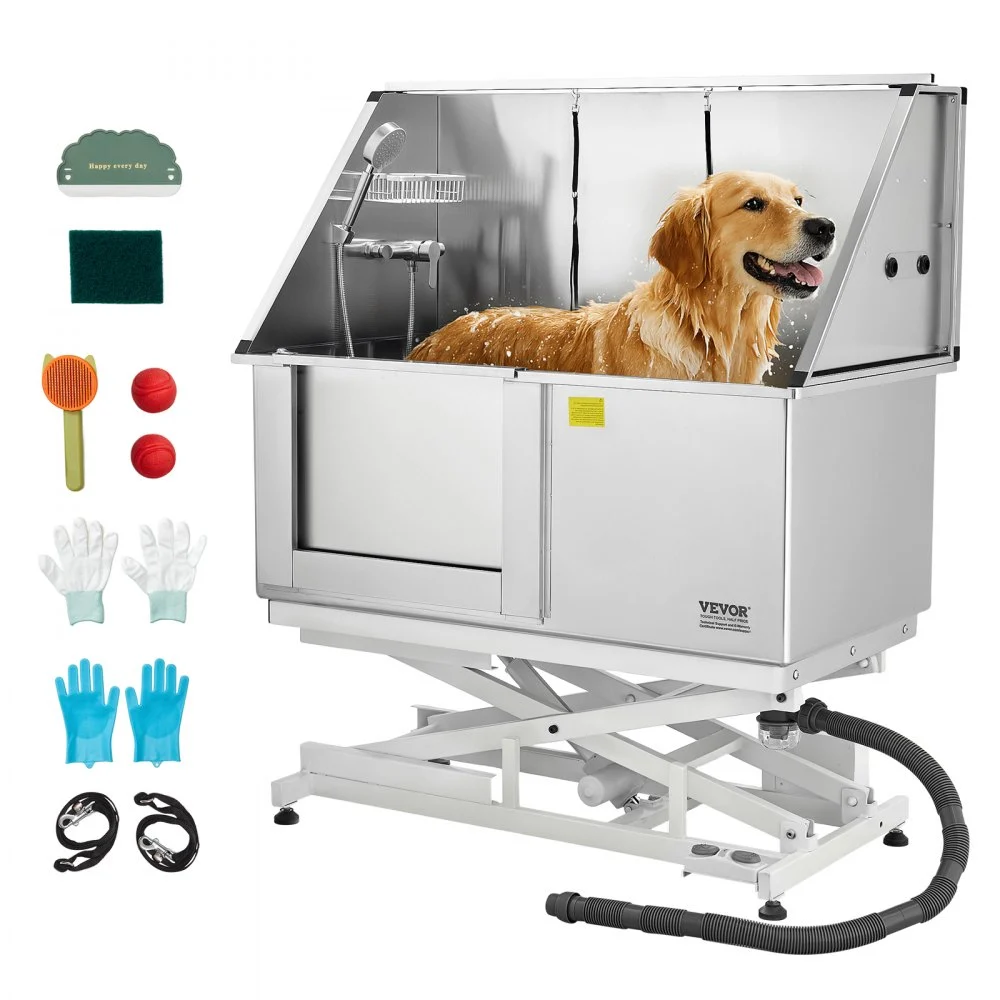 VEVOR Electric Lift Dog Washing Station, 50 inch Professional Stainless Steel Pet Grooming Tub w/ PE Water Filter Board, Faucet & Showerhead Dog Bathtub Washing Sink for Multiple Pets (Left Door)