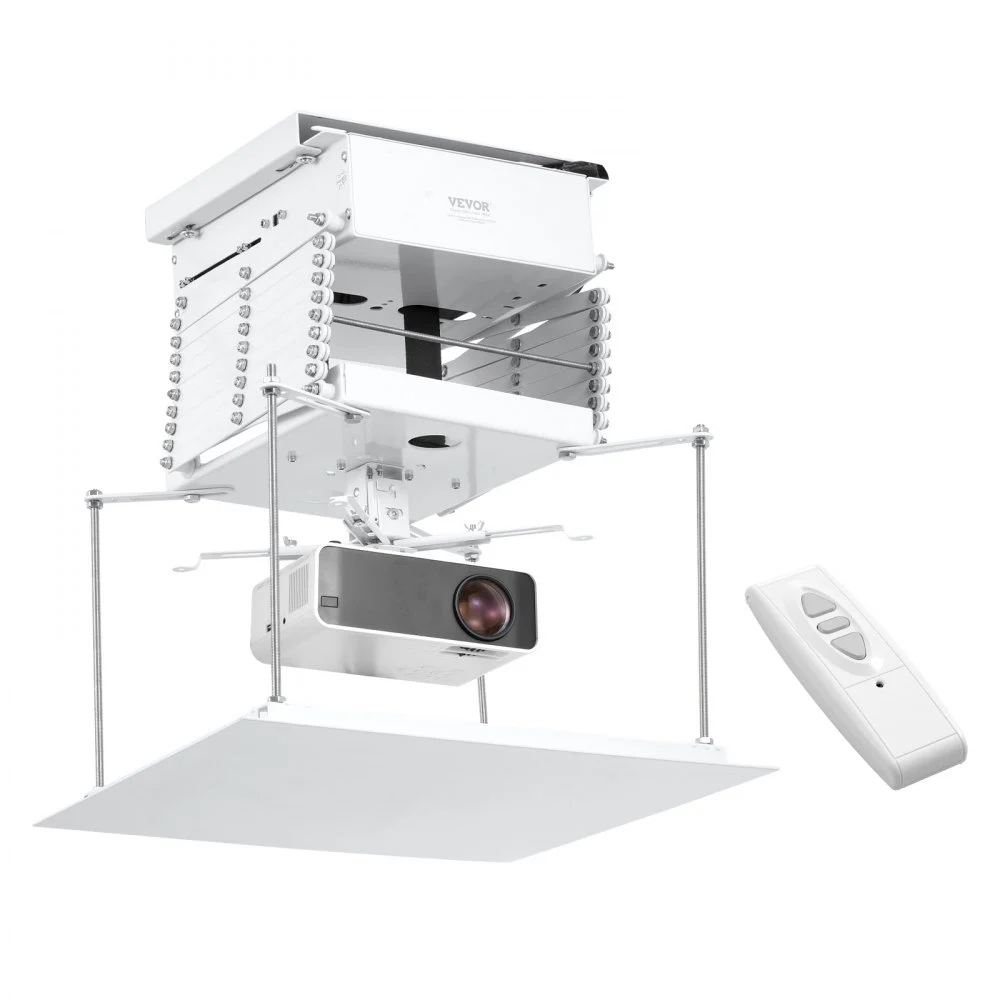 VEVOR Motorized Projector Lift, Electric Projector Lift Adjustable Height 59 in,  Hidden Projector Ceiling Mount with Remote and Wired Control, Ideal for Movies, Home, Office, Stage and Studio, White