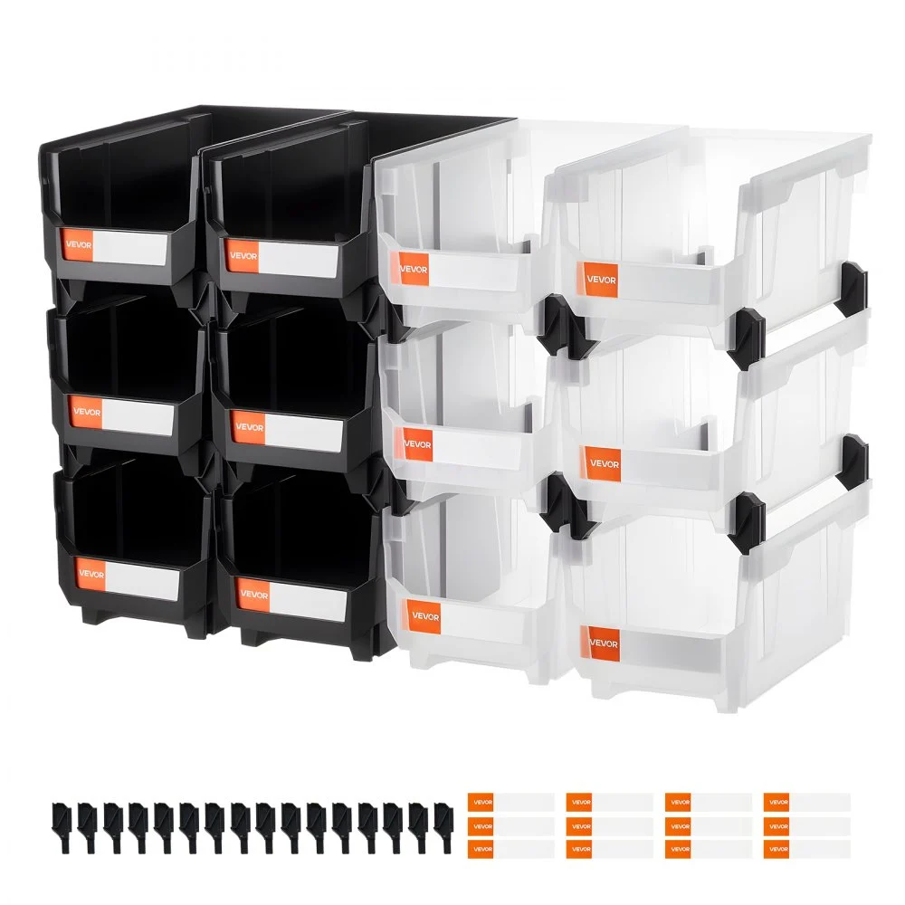 VEVOR Plastic Stackable Storage Bins, 14.8 x 8.5 x 7.1 inch (12 Pack), Plastic Containers for Organizing & Storage Bins for Garage, Small Parts, Office Supplies, Other Accessories, Black & Transparent