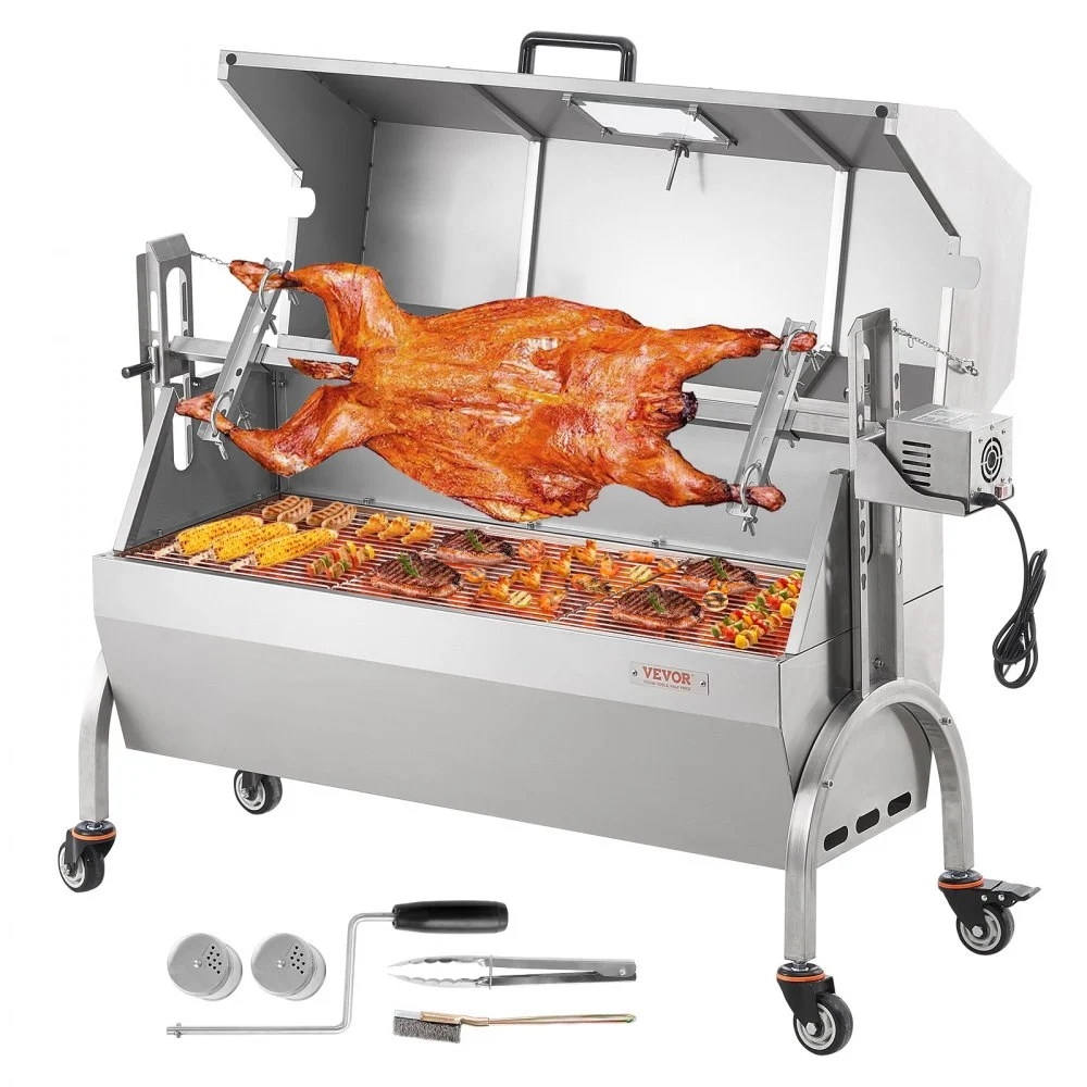 VEVOR Rotisserie Grill with Hooded Cover, BBQ Whole Pig Lamb Goat Charcoal Spit Grill, 46 Inch 132Lbs Capacity, Electric 52W Motor Stainless Steel Roaster with Viewing Window and Lockable Wheels