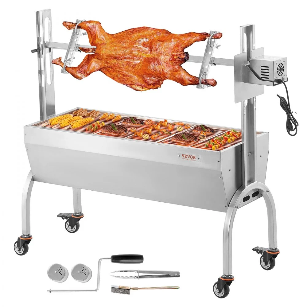 VEVOR Rotisserie Grill, BBQ Whole Pig Lamb Goat Charcoal Spit Grill, 46 Inch 132 Lbs Capacity, Electric 52W Motor Stainless Steel Rotisserie Roaster with Lockable Wheels, for Camping Outdoor