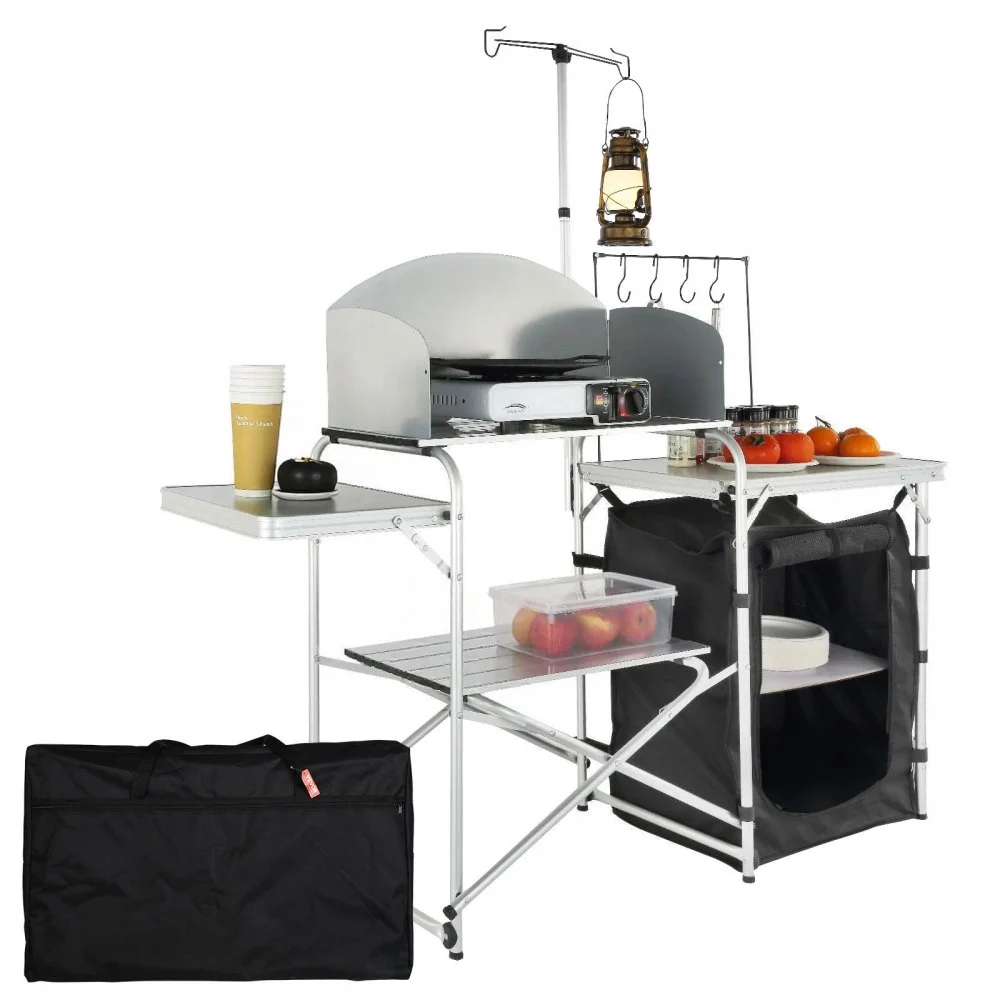 VEVOR Camping Kitchen Table, Folding Outdoor Cooking Table with Storage Carrying Bag, Aluminum Cook Station 1 Cupboard & Detachable Windscreen, Quick Set-up for Picnics, BBQ, RV Traveling, Black