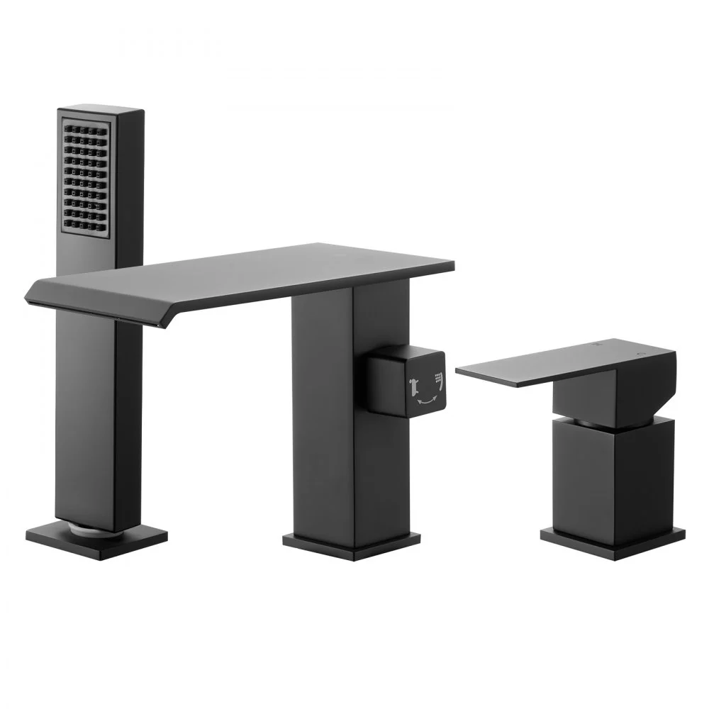 VEVOR Roman Tub Faucet, 3 Hole Waterfall Bathtub Faucet, Roman Bathtub Faucets Set with Shower Head & 1 Handle, Deck Mount Bath Tub Faucets Set for Pet Washing, Baby Care, Adult Bathing, Matte Black
