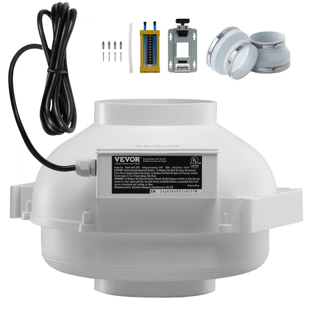 VEVOR 6 to 4.5 inch Radon Fan Installation Kit, Quiet 380CFM Radon Mitigation Fan System Kit with 2 Couplers, Pressure Indicator, Waterproof Inline Duct Fan Exhaust Fan for Indoor Outdoor Ventilation
