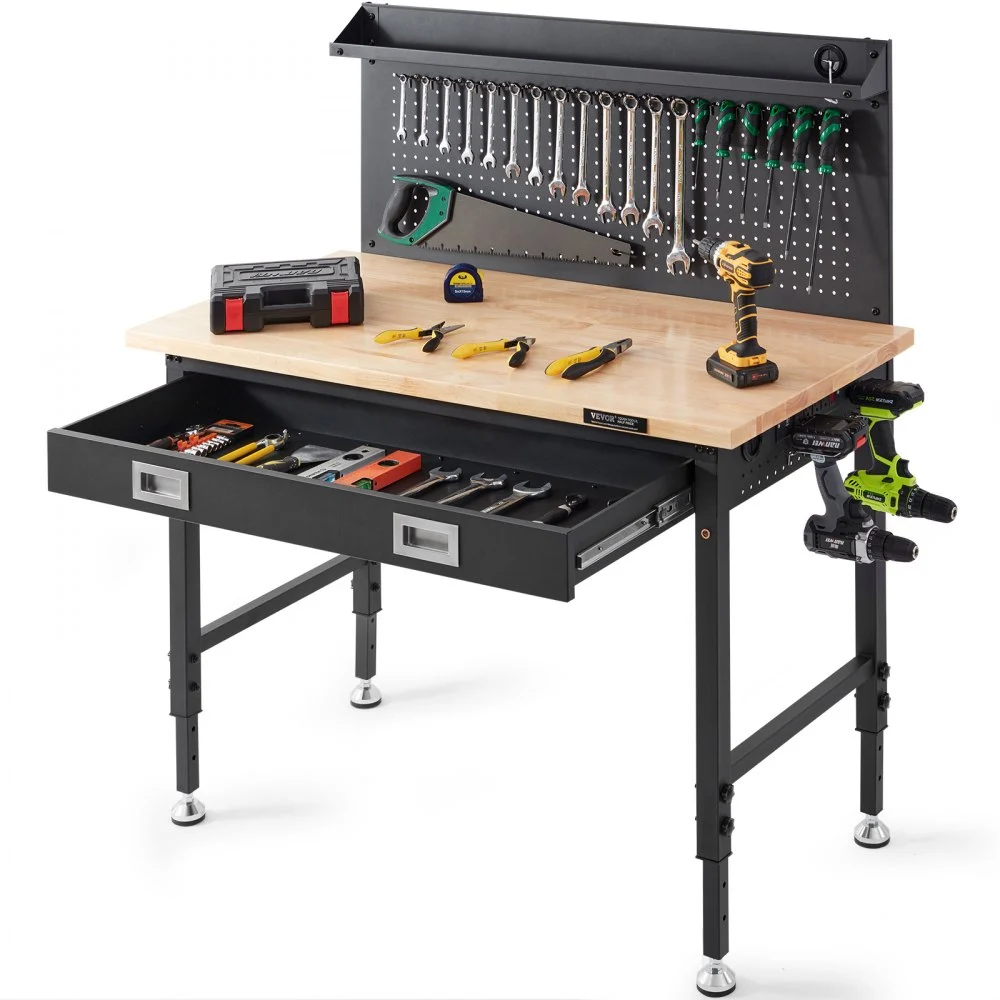 Summer Sale
VEVOR Workbench Adjustable Height 28-39.5" Work Bench For Garage Oak Plank & Carbon Steel Heavy Duty Workbench 2000lbs Weight Capacity Bench top Size 48x24" Hardwood Workbench 3m Cable 30 Hooks