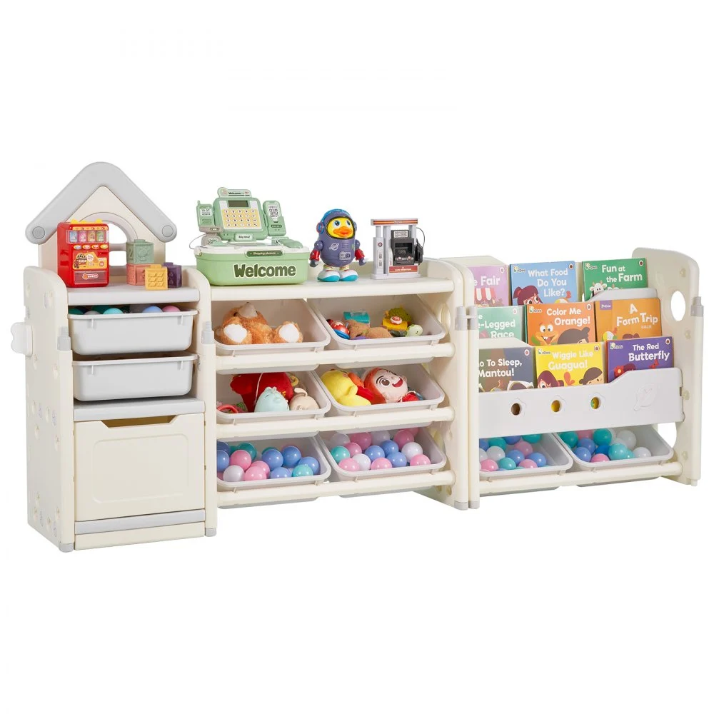VEVOR Kids Toy Storage with Bookshelf, 4-Tier Toy Storage Organizer with 10 Movable Plastic Bins, Kids Cubby Cabinet with Bookshelf for Study Room, Bedroom, Playroom, Classroom, Nursery, Gray + Beige