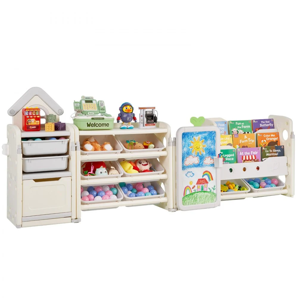 VEVOR Kids Toy Storage with Bookshelf, 4-Tier Large Toy Storage Organizer with 10 Plastic Movable Bins, Kids Cubby Cabinet with Bookshelf and Drawing Board for Study Room, Playroom, Classroom, Nursery