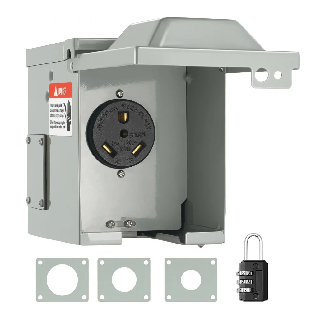 VEVOR 30 Amp RV Power Outlet Box, 125/250 Volt, Enclosed Lockable Outdoor RV Receptacle Box, NEMA TT-30R Weatherproof Electrical Panel, for RV Camper Trailer Motorhome Tested toStandards
