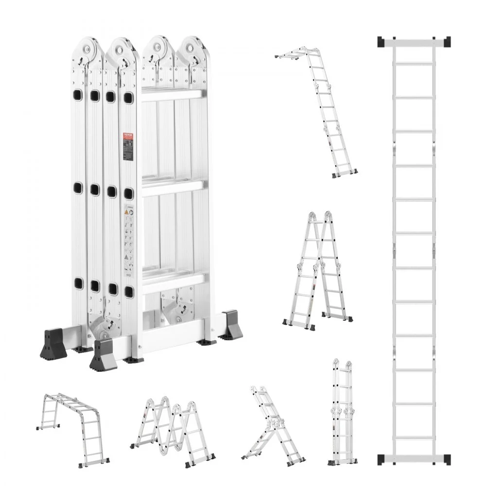VEVOR Multi-Purpose Folding Ladder, 7-in-1 Tall Step Ladder, A Frame 3 Step Adjustable Telescoping Ladder, 12ft Reach Height Heavy Duty Extension Ladder, 330 lbs Capacity for Household Outdoor Work
