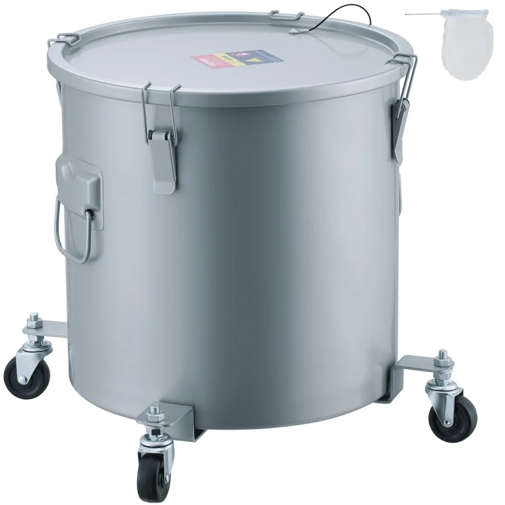 VEVOR Fryer Grease Bucket, 10 Gal Oil Disposal Caddy with Caster Base, Carbon Steel Rust-Proof Coating, Oil Transport Container with Lid, Lock Clips, Filter Bag for Hot Cooking Oil Filtering, Gray