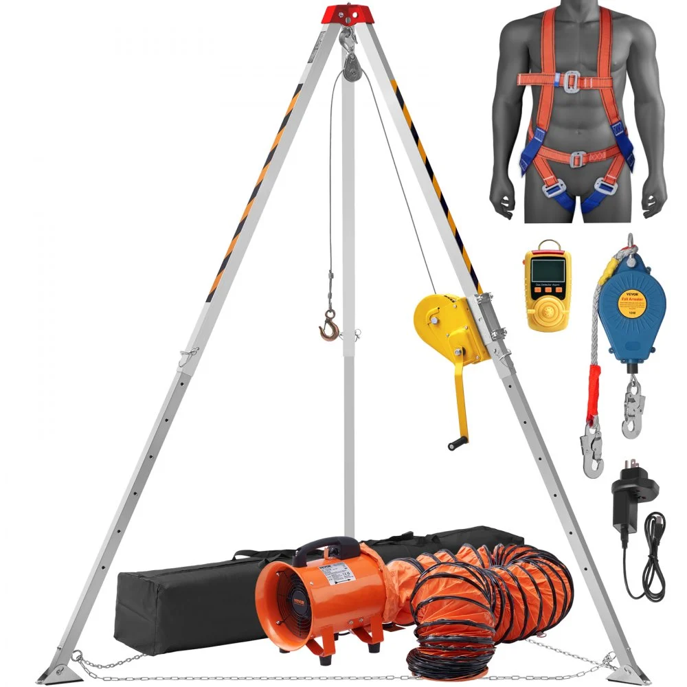 Summer Sale
VEVOR 2600 lbs Winch Confined Space Tripod Kit, Confined Space Tripod 8' Legs and 98' Cable, Confined Space Rescue Tripod 33' Fall Protection with Blower, Gas detector, Harness.