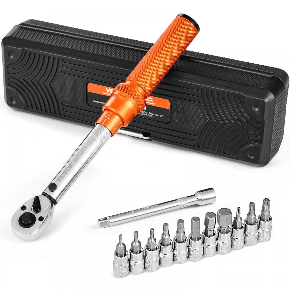 VEVOR Click Torque Wrench Set, 1/4Inch Drive, 20-200lbf-in/2.3-22.6N.m, Dual-direction and Dual Range Scales, 72-Tooth, ±3% High Precision, with Bit Sockets, Extension Bar, for Bicycle Repair, Orange
