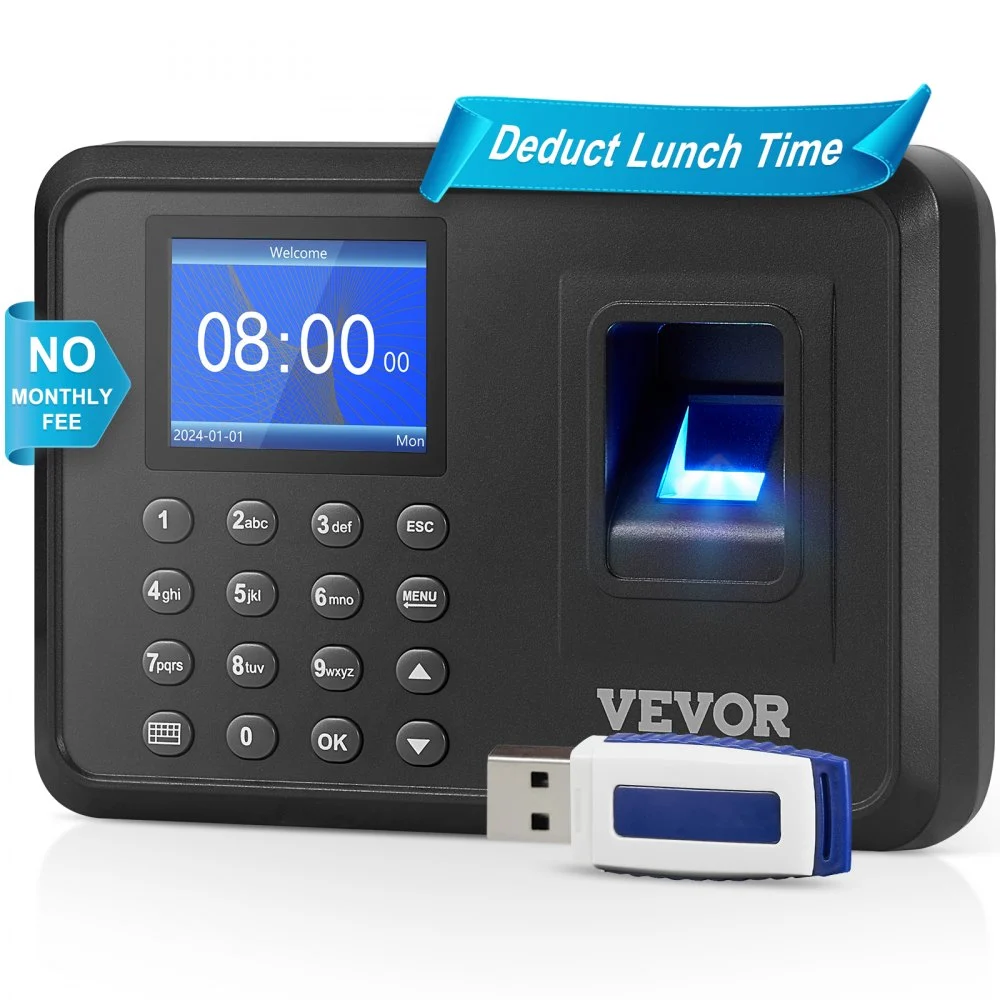 VEVOR Time Clock, Fingerprint Time Clocks for Employees Small Business, Biometric Time Clock with USB Drive,  Automatic Punch In/Out, No Monthly Fees