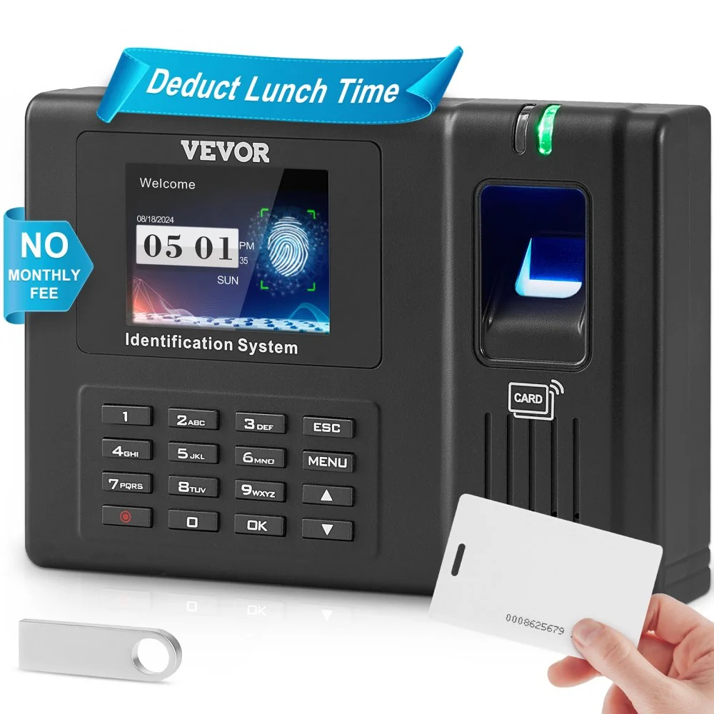 VEVOR Time Clock, Fingerprint Time Clocks for Employees Small Business, Biometric Time Clock with 5 RFID Cards & USB Drive,  Automatic Punch In/Out, No Monthly Fees