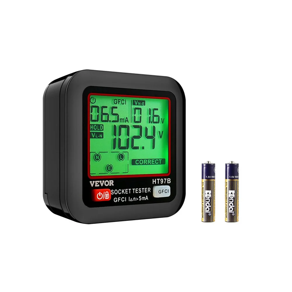 VEVOR Outlet Tester, Electrical GFCI Trip Tester, LCD Display Receptacle Detector for 7 Common Wiring Faults, 3 Prong Socket Detector with Auto Shutoff & Low Battery Indicator, CAT II 300V Rating