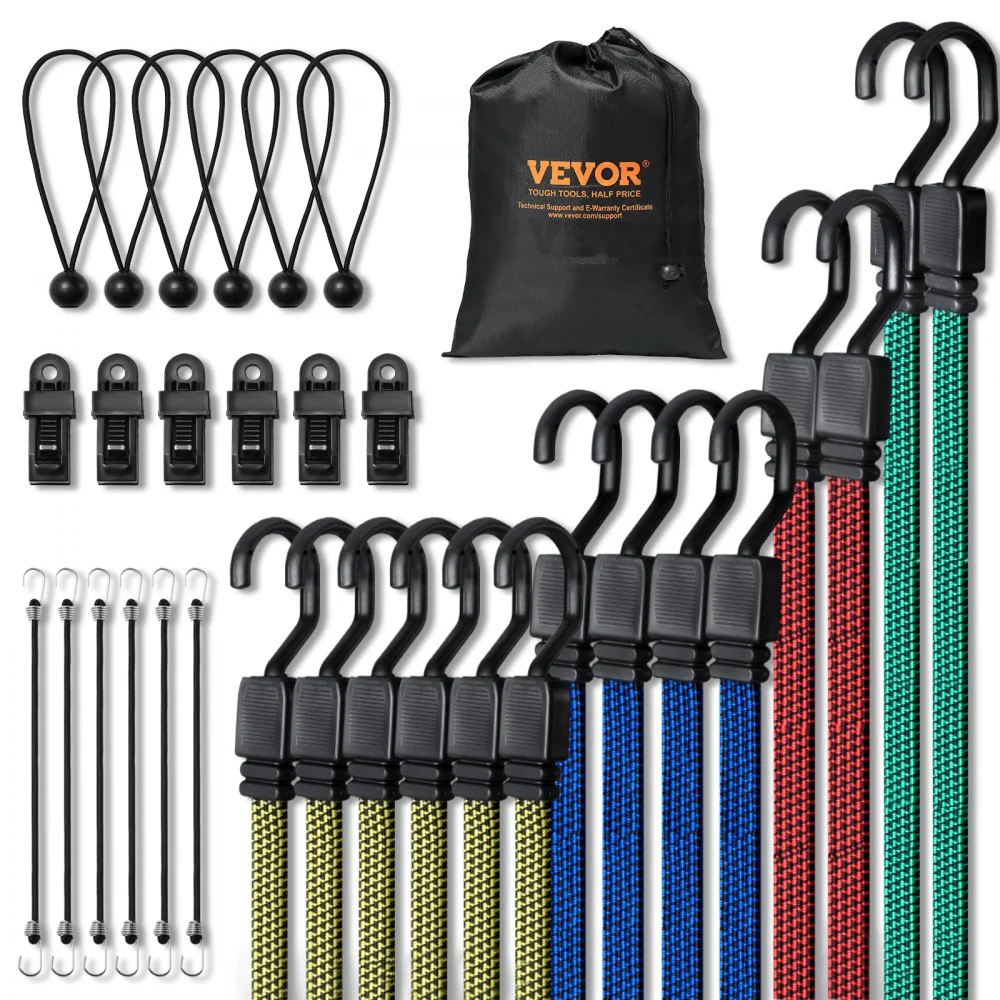 VEVOR 32 Piece Flat Bungee Cord Set, 17 mm Heavy Duty Bungee Straps with A3 Steel J-Hooks, Includes 10", 18", 24", 32", 40", Bungee Rope with Portable Storage Bag, 6 Clips & Canopy Ties
