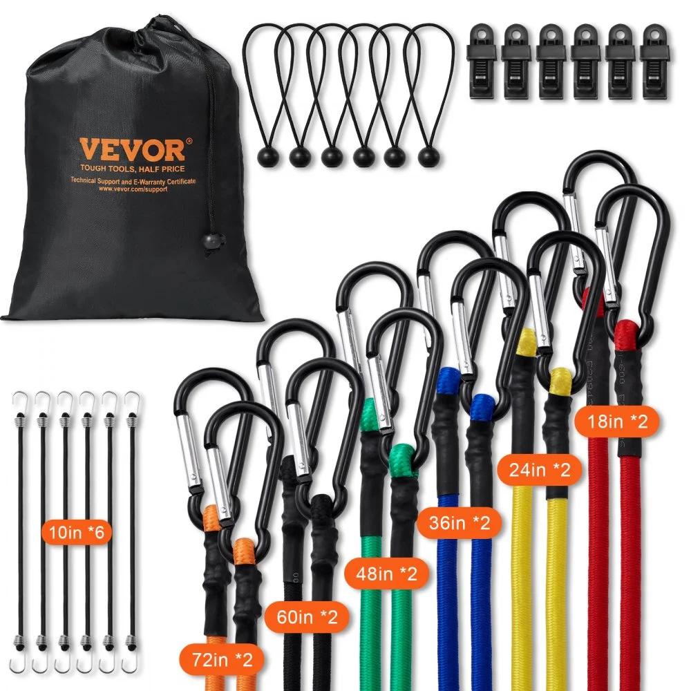 VEVOR 30 Piece Bungee Cords Assortment, 8 mm Heavy Duty Bungee Straps with A3 Steel Carabiners, Includes 10", 18", 24", 36", 48", 60", 72", Portable Storage Bag, 6 Clips & Canopy Ties