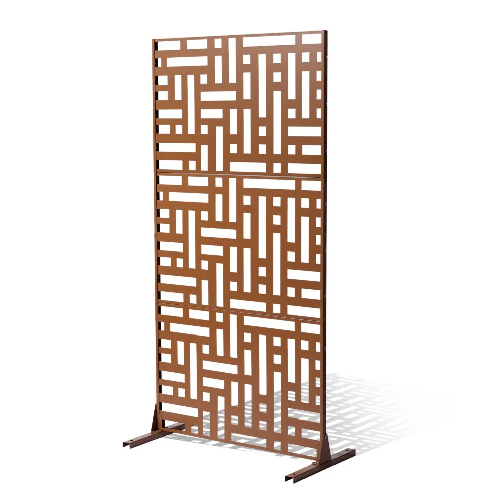 VEVOR Metal Privacy Screen, 47" W x 76" H, Outdoor Privacy Screens 3-Panel, Freestanding Outdoor Divider with Stand, Decorative Garden Steel Privacy Fence for Balcony Patio Indoor Room Hot Tub Brown