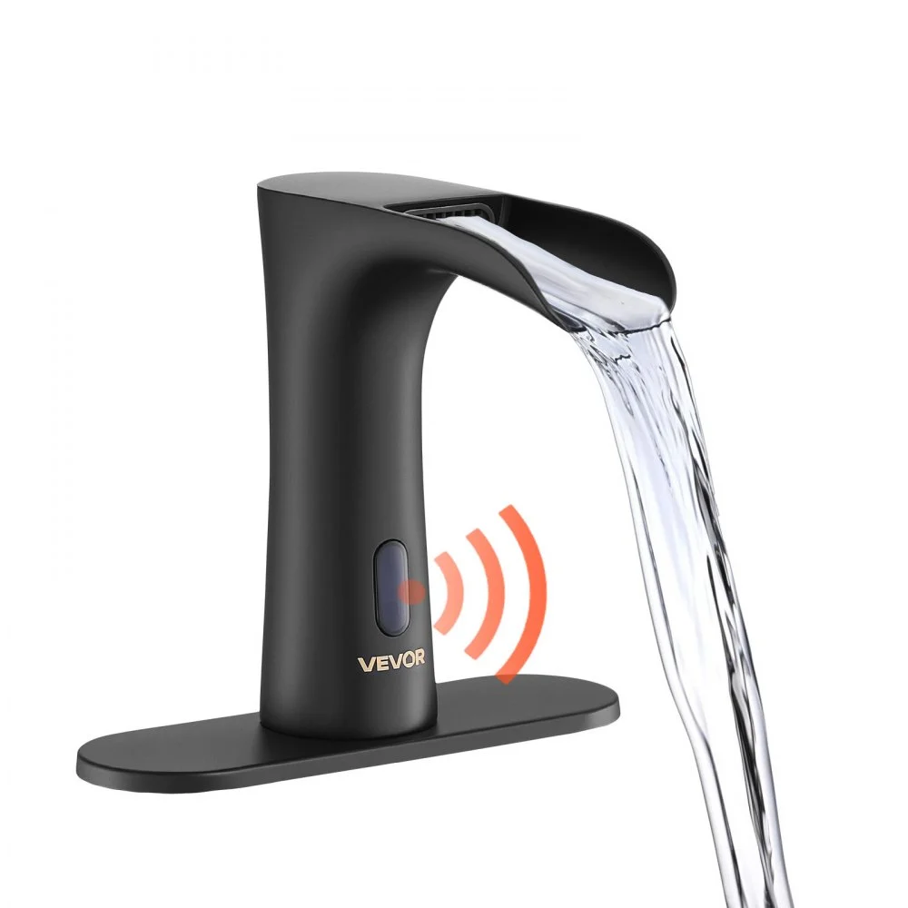 VEVOR Touchless Bathroom Sink Faucet, Automatic Motion Sensor Waterfall Restroom Toilet Faucet with Hole Cover Plate, Modern Electronic Sensor Hot/Cold Water for 9/16 in Pipe Commercial,Matte Black