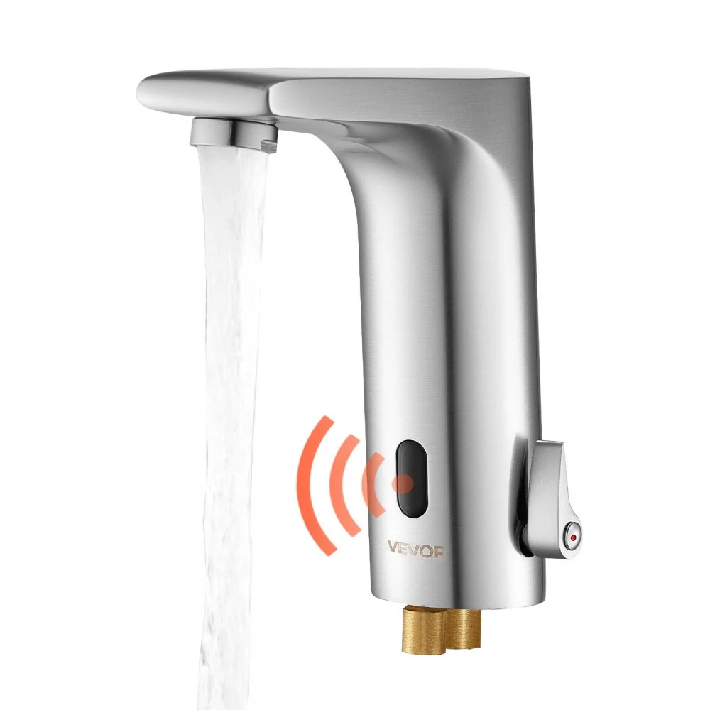 VEVOR Touchless Bathroom Sink Faucet, Automatic Motion Sensor Restroom Toilet Faucet, HandsFree Adjustable Cold Hot Single Handle Water Mixer Battery Operated for 9/16 in Pipe,Brushed Nickel Silver