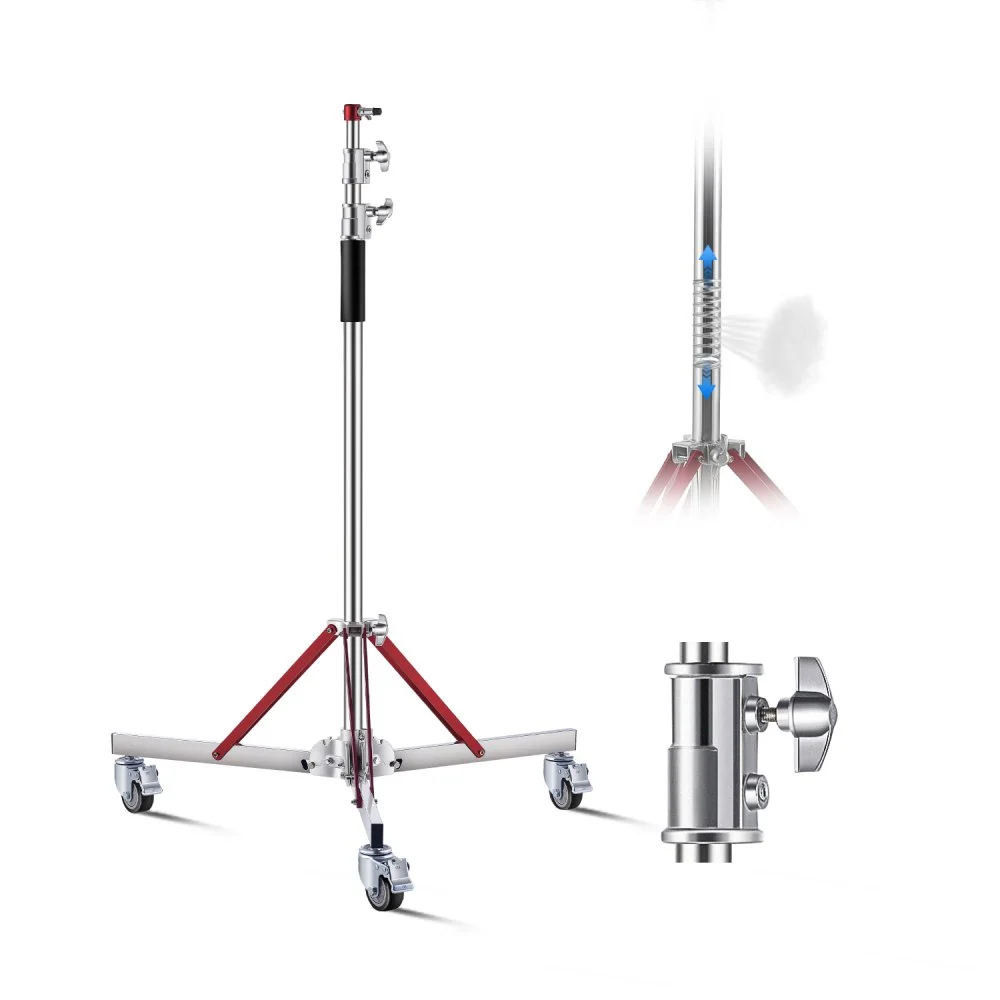 VEVOR Heavy Duty Light Stand with Casters, Max Height 10.5 ft/320 cm, Adjustable Tripod Stand with Stainless Steel, Photography Wheeled Base Stand, for Studio Softbox, Monolight, Reflector Shooting