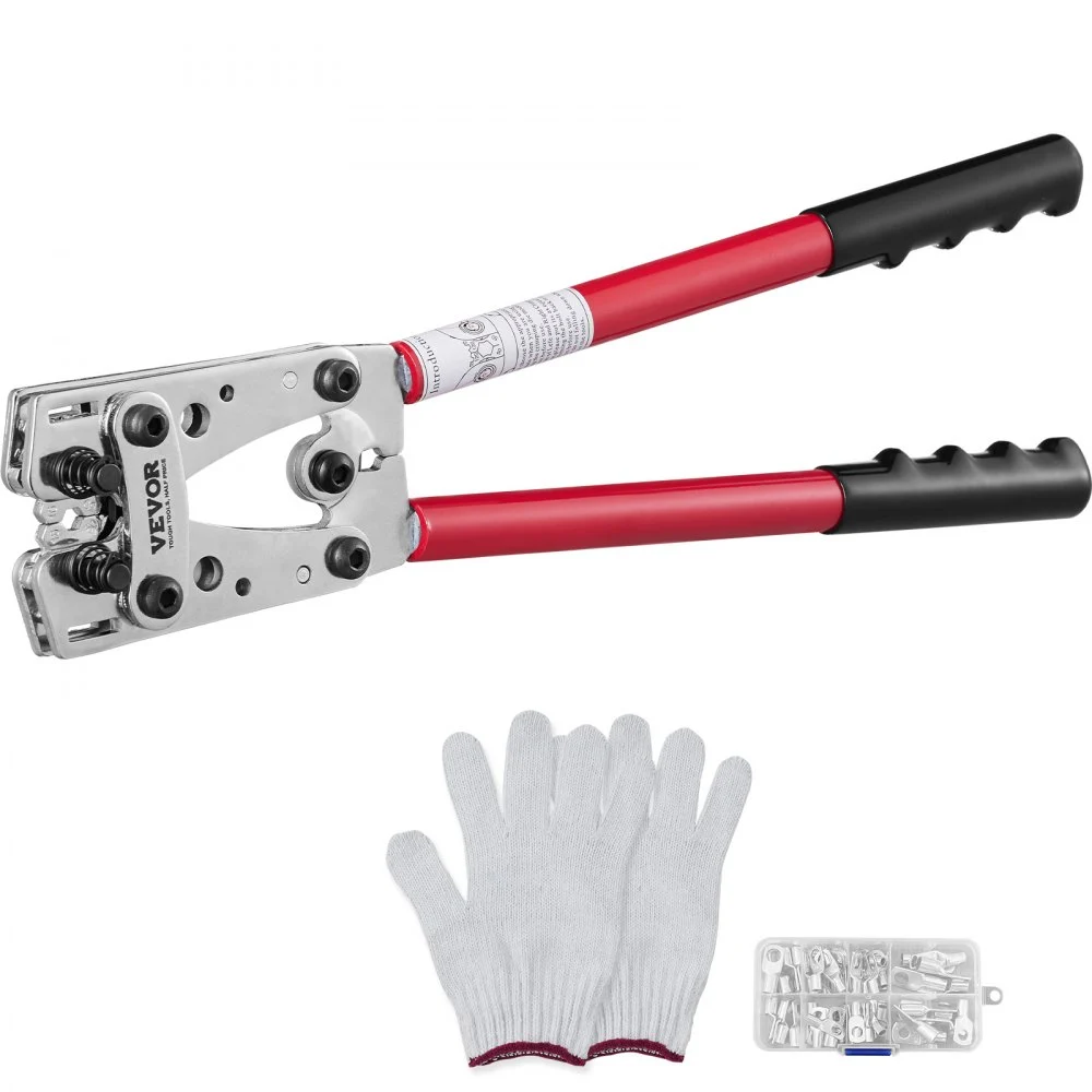 VEVOR Battery Cable Lug Crimping Tool, 10-1/0 AWG with Heavy Duty Wire Lugs, with 60PCS Aluminum Ring Connectors Terminals 6 Wire Sizes Crimping Die Aluminum Terminal Battery Lug Crimper
