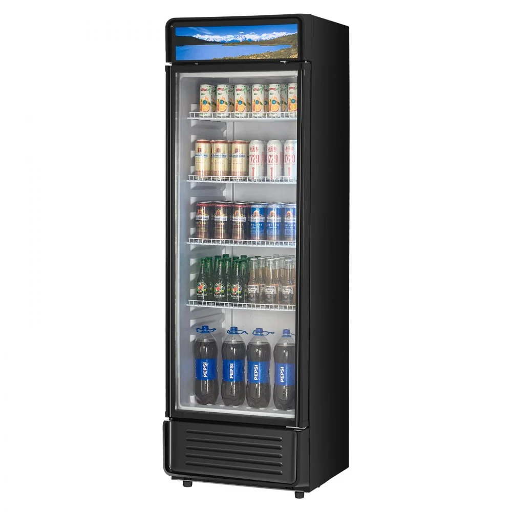 VEVOR Commercial Merchandiser Refrigerator, 13.3 CU.FT Glass Door Display Refrigerator, Beverage Refrigerator Cooler Merchandiser with Adjustable Shelves, Soft LED Light, Customizable Lightbox, Black