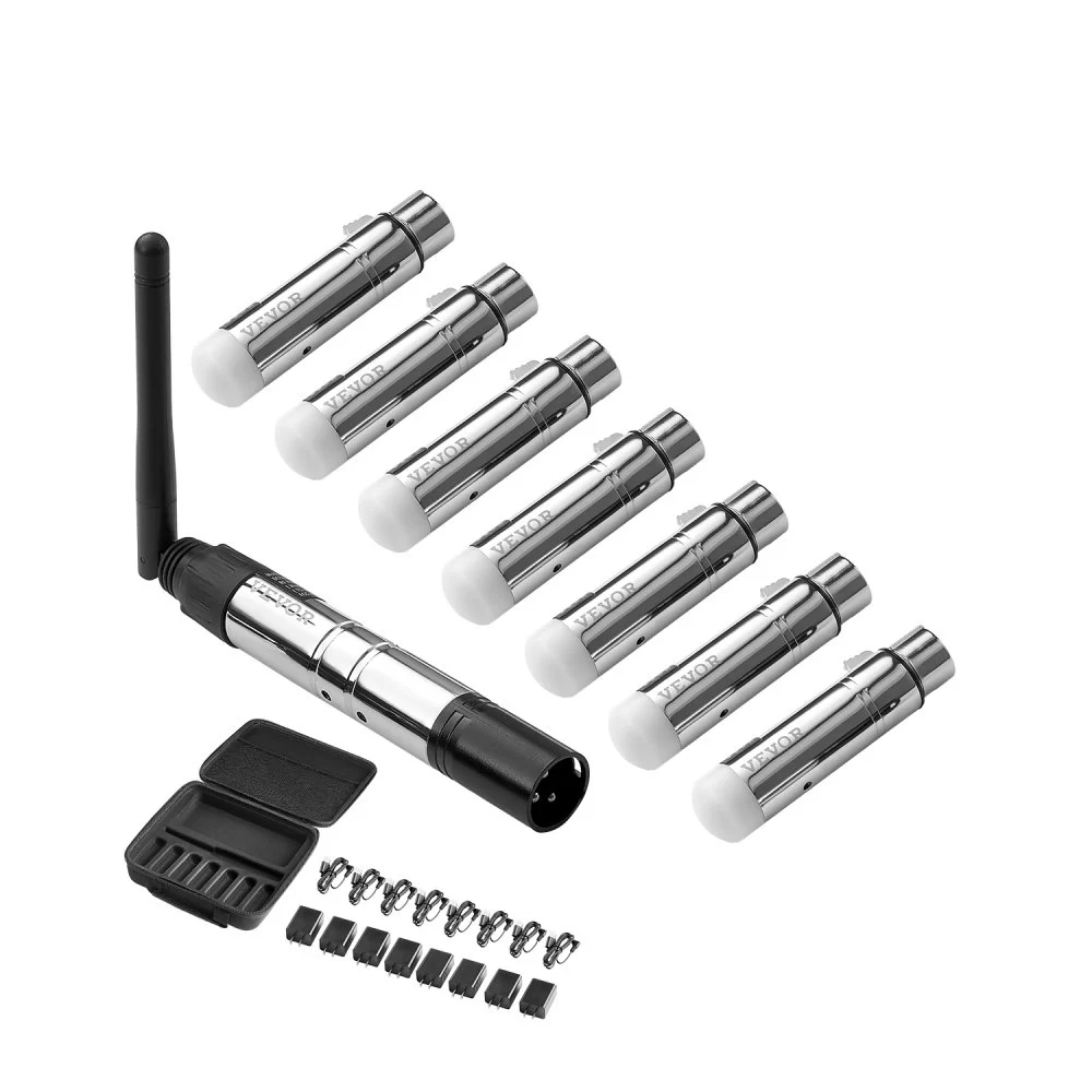 VEVOR DMX Wireless Receiver, 7 Receivers & 1 Transmitter, 2.4G ISM Band, 656 ft Transmission Range, with Bag and Adapter, Wireless Stage Lighting Control, for LED Stage Party DJ Bar Lighting, Silver