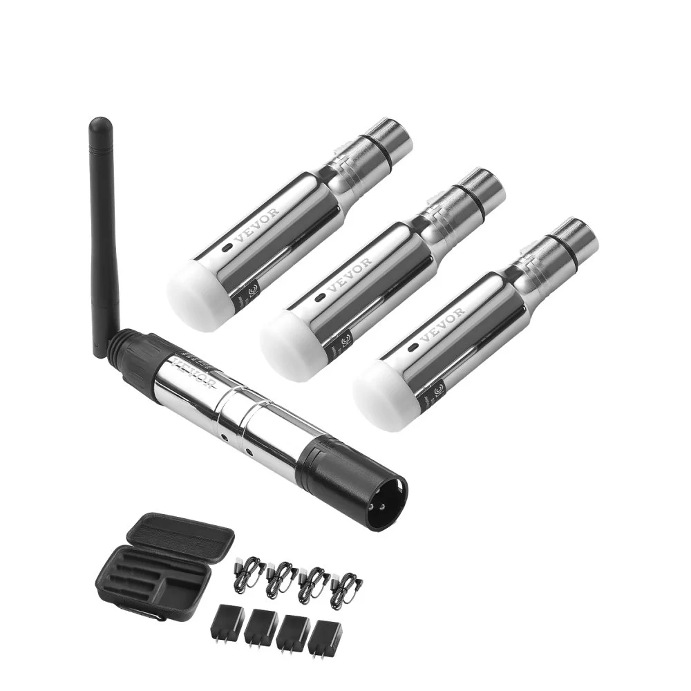 VEVOR DMX Wireless Receiver, 3 Receivers & 1 Transmitter, 2.4G ISM Band, 656 ft Transmission Range, Rechargeable Battery, Wireless Stage Lighting Control, for LED Stage Party DJ Bar Lighting, Silver