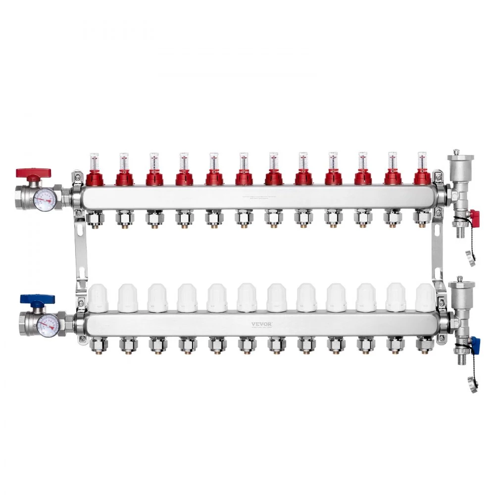 VEVOR 12-Branch Radiant Heat Manifold, 1/2" PEX Tubing Manifold, Stainless Steel PEX Manifold for Hydronic Radiant Floor Heating, Radiant Heat PEX Manifold Kit with 1/2" Adapters Included